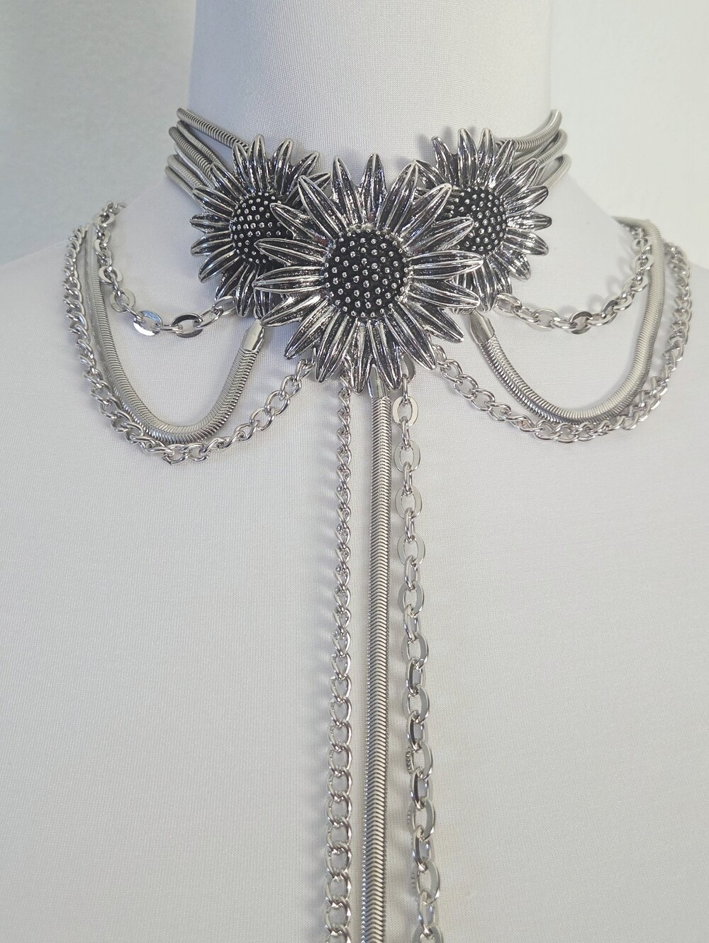 Silver Floral Statement Lariat Necklace - Picture 4 of 7